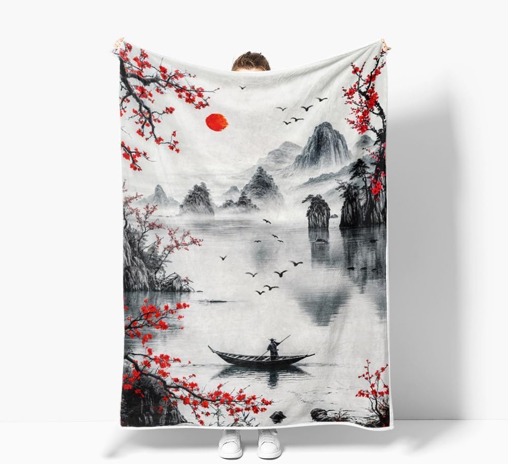 DYNH Japanese Cherry Blossom Throw Blanket, Asian Nature Landscape Throw Blanket, Mountain Cherry Branches Red Sun Ink Painting Soft Warm Flannel Black White Grey Blanket,60X90