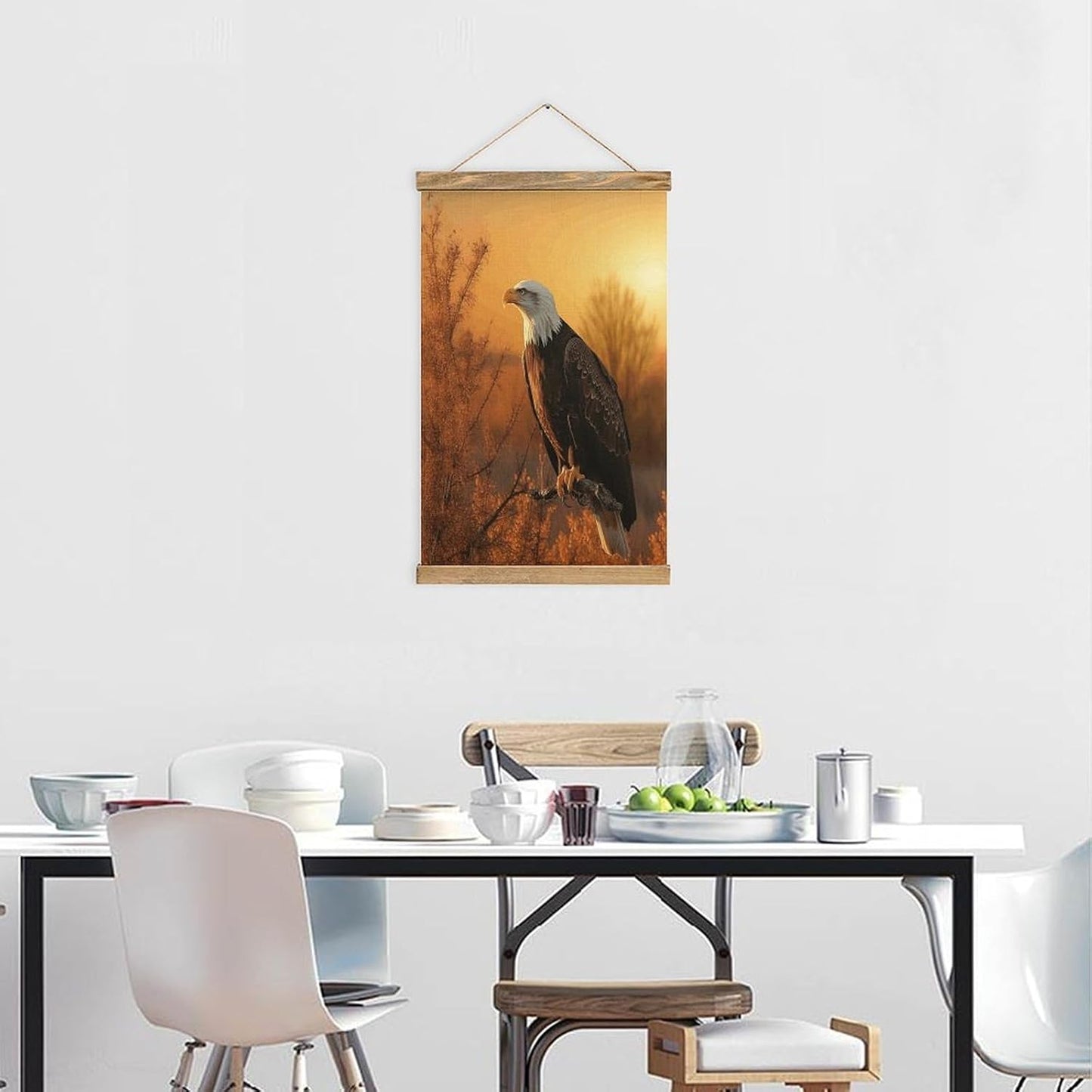 Vintage Golden Sunset Bald Eagle Poster with Wooden Frame Personalized Linen Hanging Scroll Painting Rustic Wall Hanging Illustrative Modern Artwork Decor for Home Living Room Bedroom Office