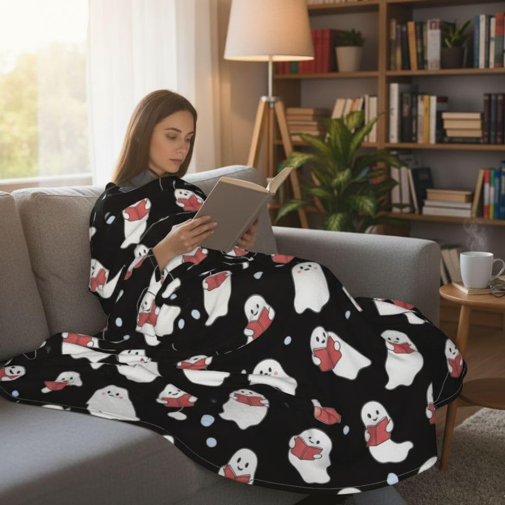 Ghost Reading Book Blanket 50x60 Inch – Soft Fluffy Halloween Throw Blanket for Book Lovers, Cozy Reading Bookish Gift, Cute Ghost Design (Black)