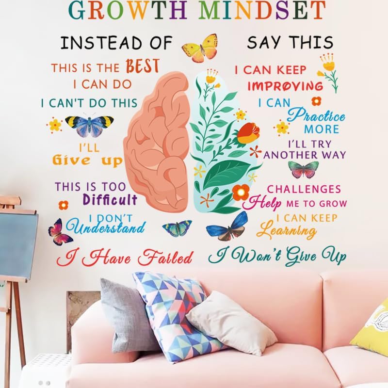 Classroom Growth Mindset Brain Wall Decal Posters Positive Peel and Stick Vinyl Wall Decor Removable Positive Wall Stickers Quotes Saying Wall Art for Teacher Student Classroom Playroom Decor