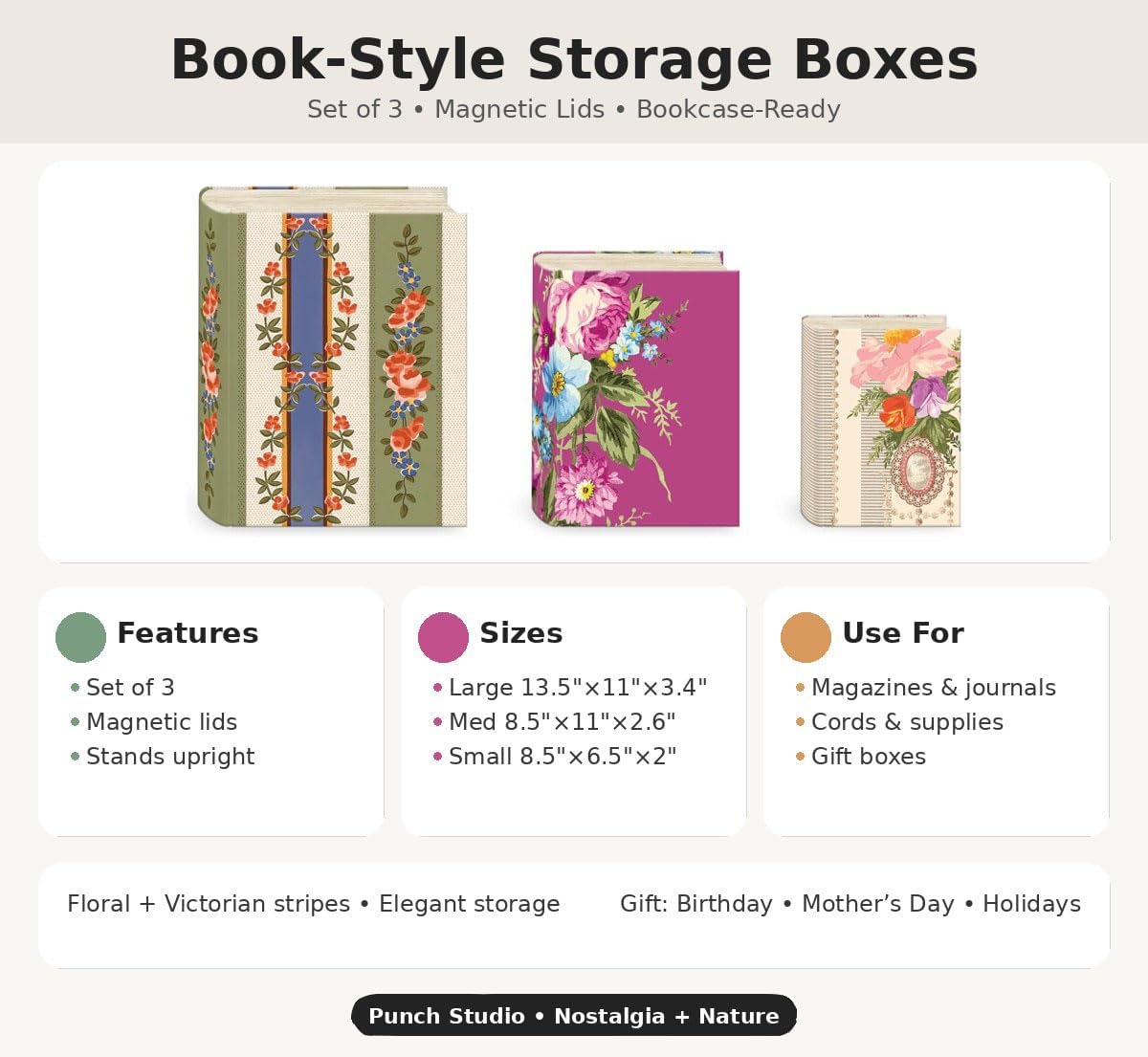 Punch Studio Decorative Storage Boxes with Lids | Nested Book Style Set of 3 Coated Cardboard Keepsake Box for Photos Documents Gifts Home Organization, 11” x 13.5” – Timeless Treasures Floral
