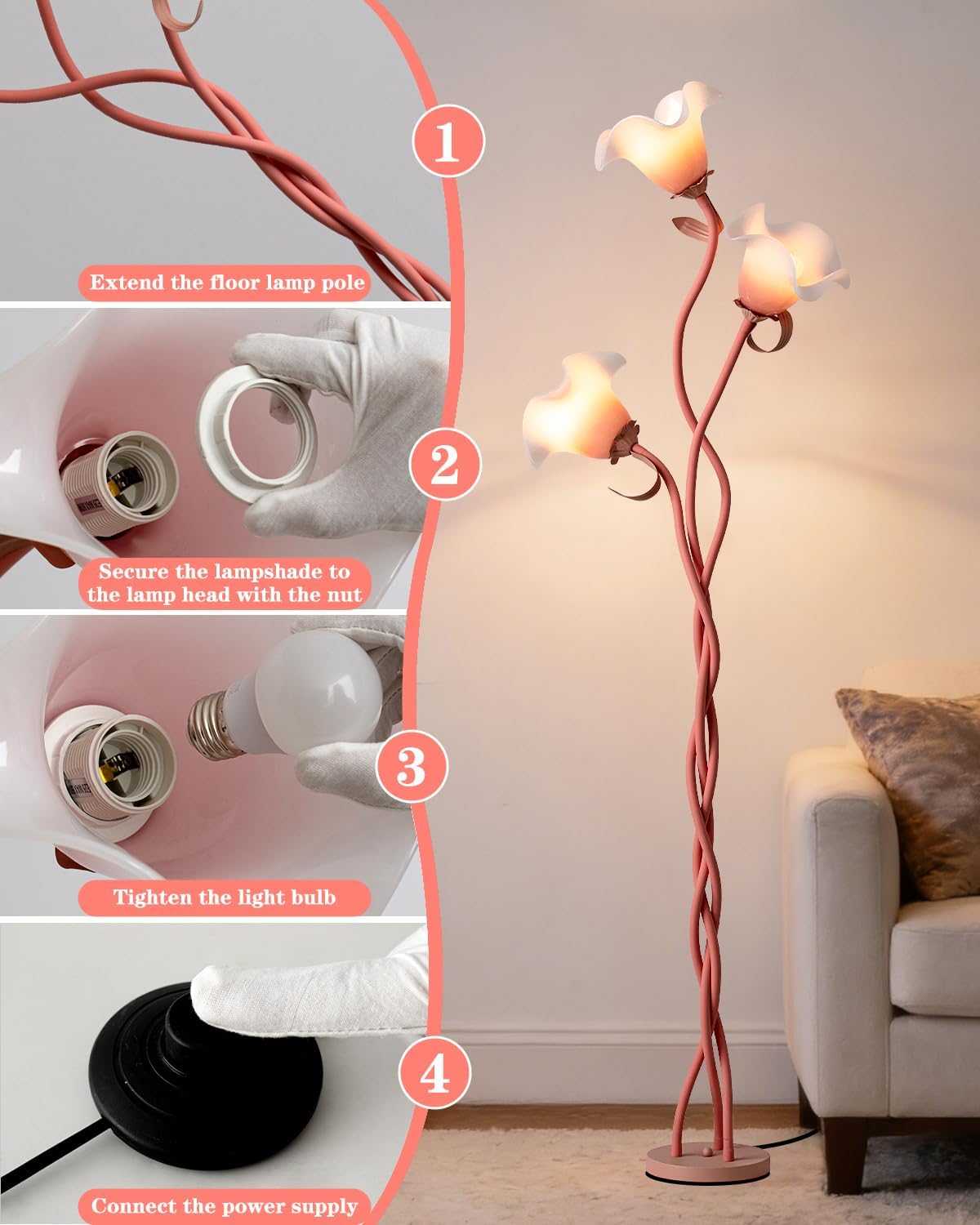 Flower Floor Lamp for Living Room - Tall Standing Reading Lamp with Flexible Neck, 3 Color Temperatures LED Dimmable Decorative Light, Pink Calla Floor Lamp for Bedroom Corner (Pink)