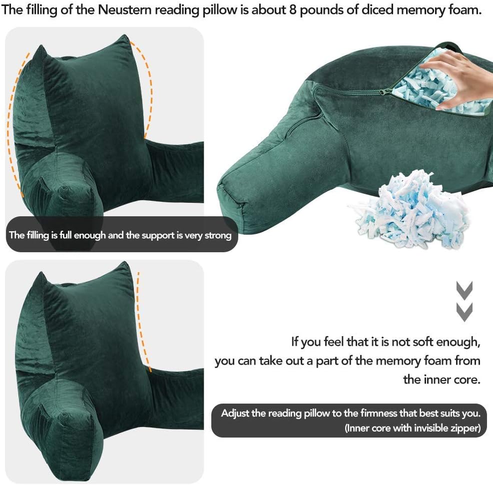 Neustern Reading Pillow for Sitting in Bed Adult, Back Pillow for Bed Shredded Memory Foam Chair Pillow with Arms and Pockets, Backrest and Support with Washable Cover for Watching TV/Gaming/Relaxing
