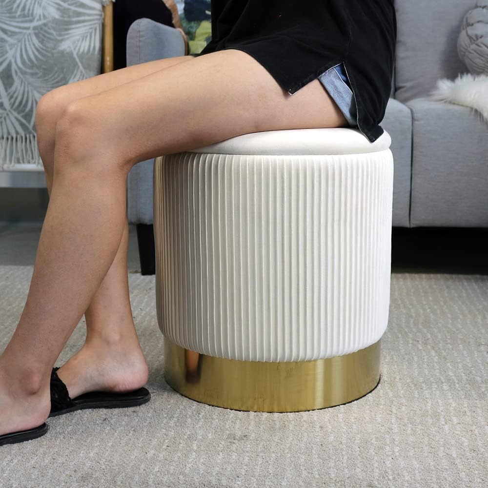 Round Ottoman with Storage Set of 2 Vanity Stool Foot Rest with Removable Lid White Velvet Storage Ottoman Stool for Living Room and Dorm