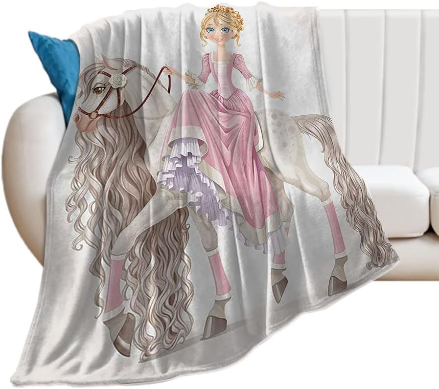 Plush Fleece Blanket, Pretty Smiling Princess on A White Horse with, Fluffy and ComfortableTeen Girls Soft and Cozy Throw Blankets, 30 x 40inches, Suitable for Bed and Sofa, Cream Pink