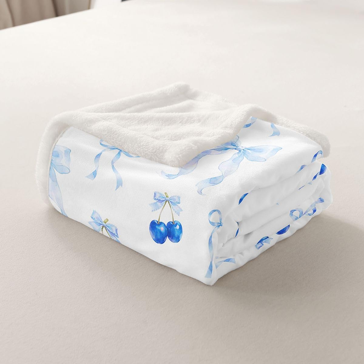Feelyou Cute Bow Sherpa Throw Blanket for Couch Bowknot Super Soft Cozy Fleece Kawaii Cherry Blanket for Winter, Plush Throw Princess Bowknot Throw 50"x60" Blue All Season