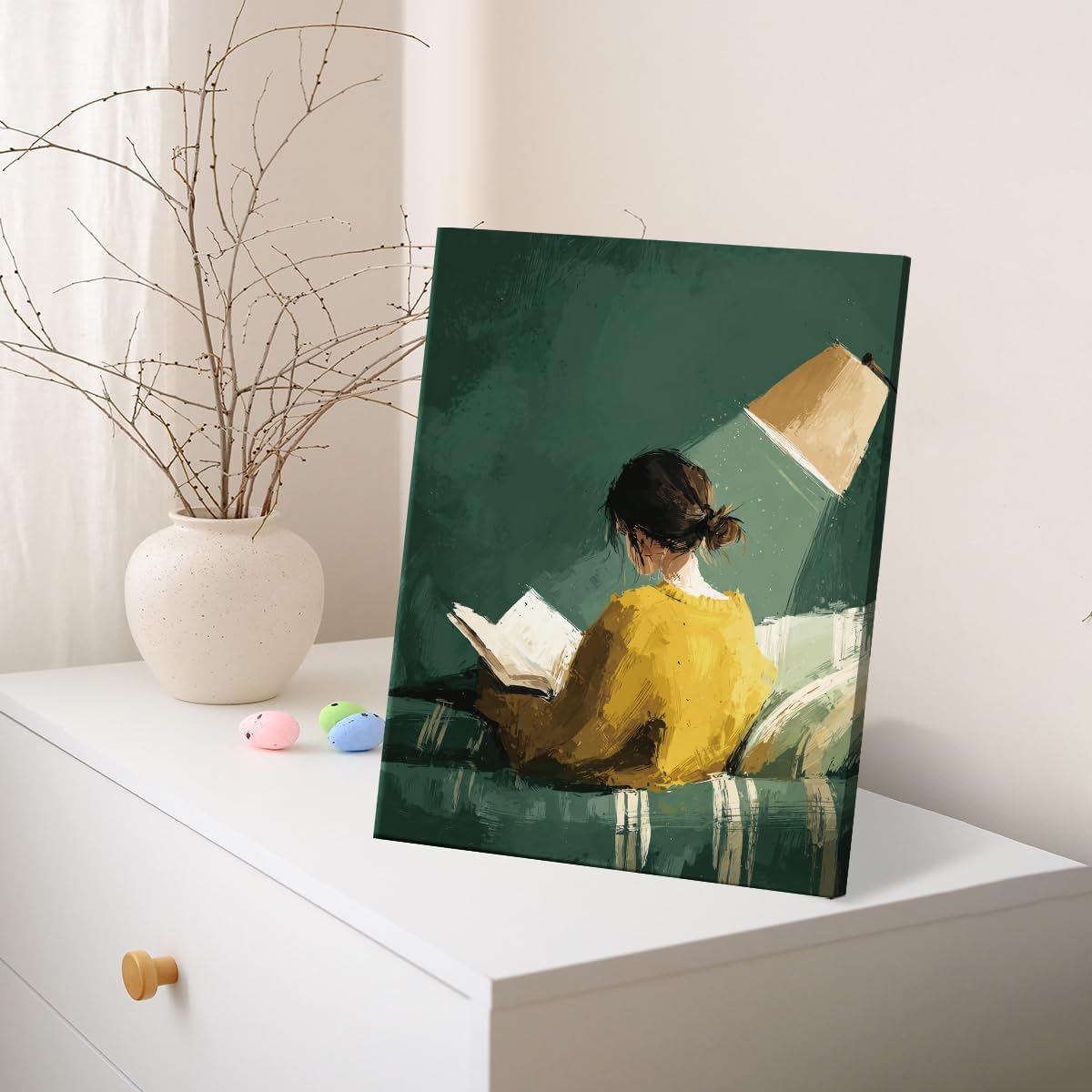 Vintage Reading Woman Canvas Wall Art Print Woman Green Striped Picture Painting Artwork Green Wall Decor for Home Living Room Reading Room 8x10 Framed