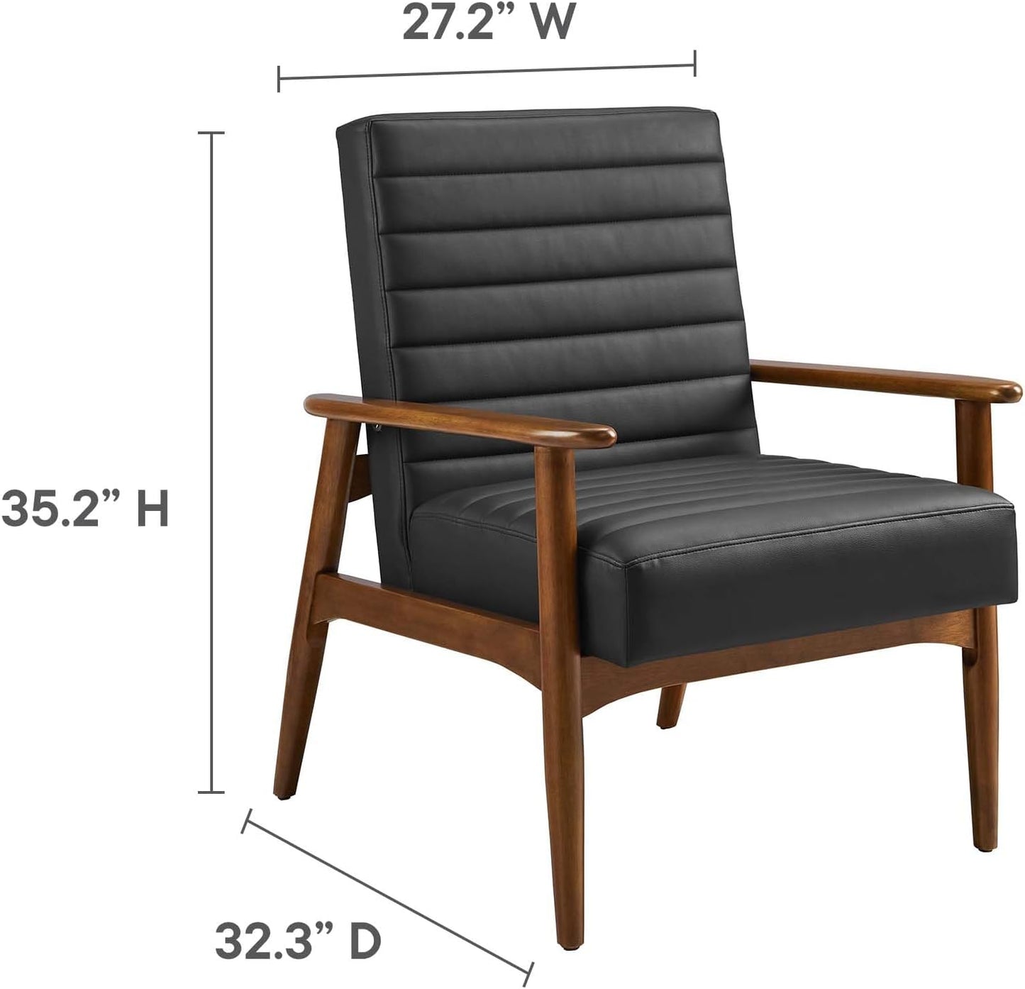 Modway Jensen Vegan Leather Accent Chair in Walnut Black - Mid-Century Modern Armchair with Solid Wood Legs & Armrest - Upholstered Faux Leather Single Side Chair - Reading Chair for Living Room
