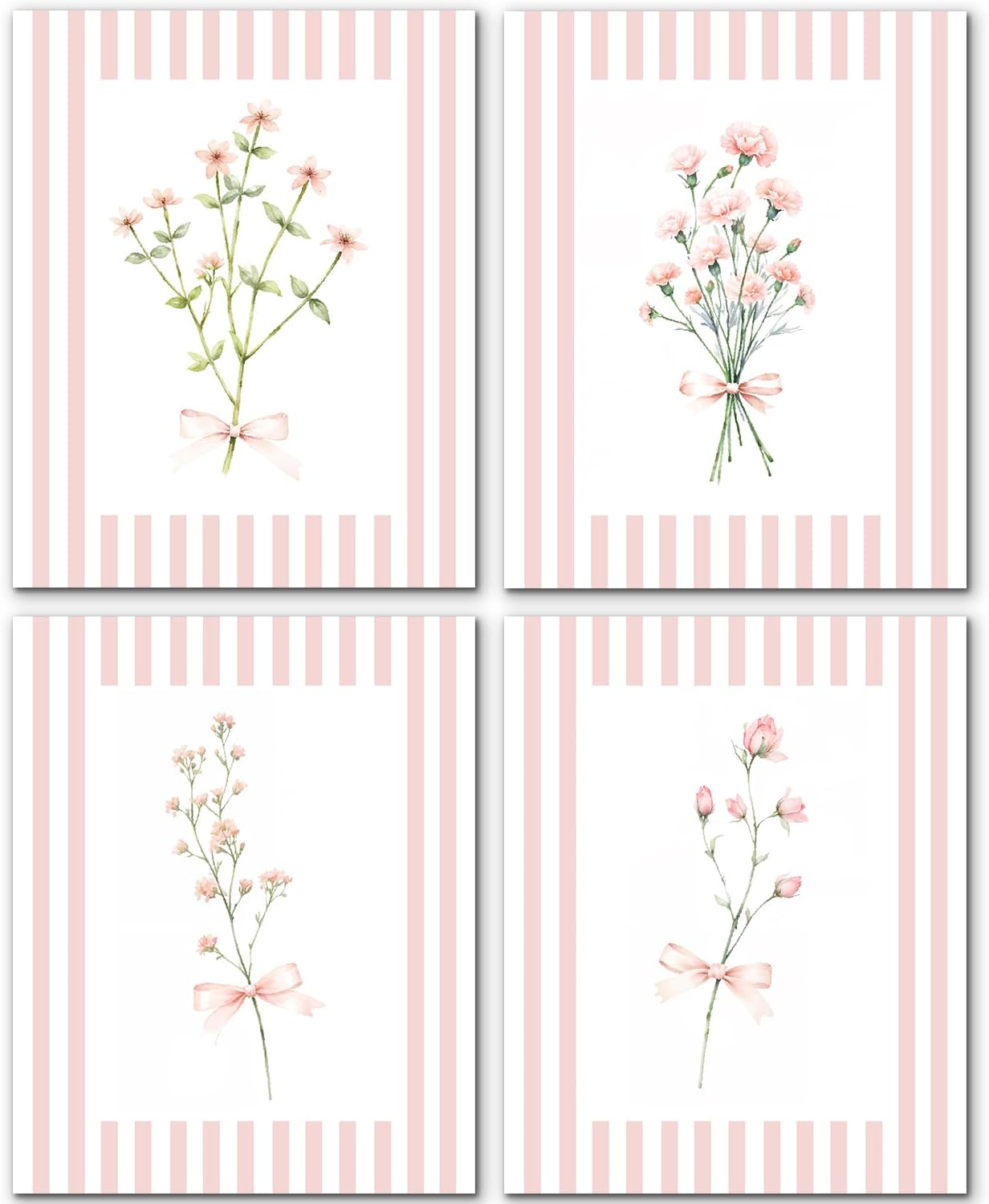 JINYO Coquette Pink Bow Floral Wall Art Prints Set of 4, Floral Room Decor, Preppy Pink and White Striped Flower Posters Pictures Wall Decor for Girls Room Bedroom Dorm Home, 8x10 Unframed