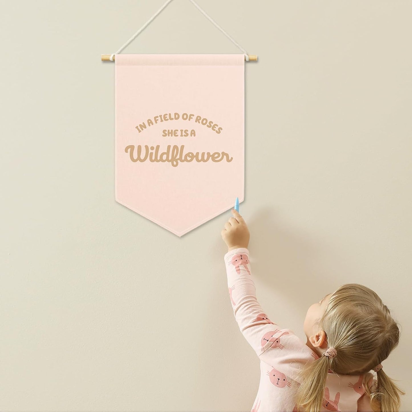 Pink Girls Banner Canvas, Inspirational Girly Kids Room Decor, She Is A Wildflower Pennant Flag Sign Hanging, Nursery Boho Wall Art Gifts for Toddler Room Playroom Baby Shower Decor 11x15in