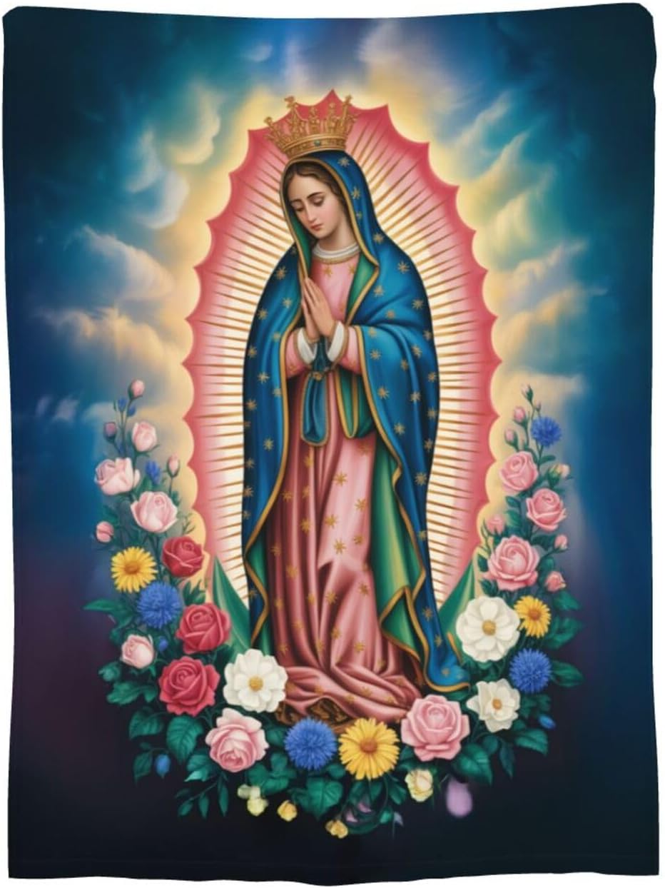 Our Lady of Guadalupe Throw Blanket, Religious Art Floral Design, Soft Cozy for Couch Bed - 60"x50"