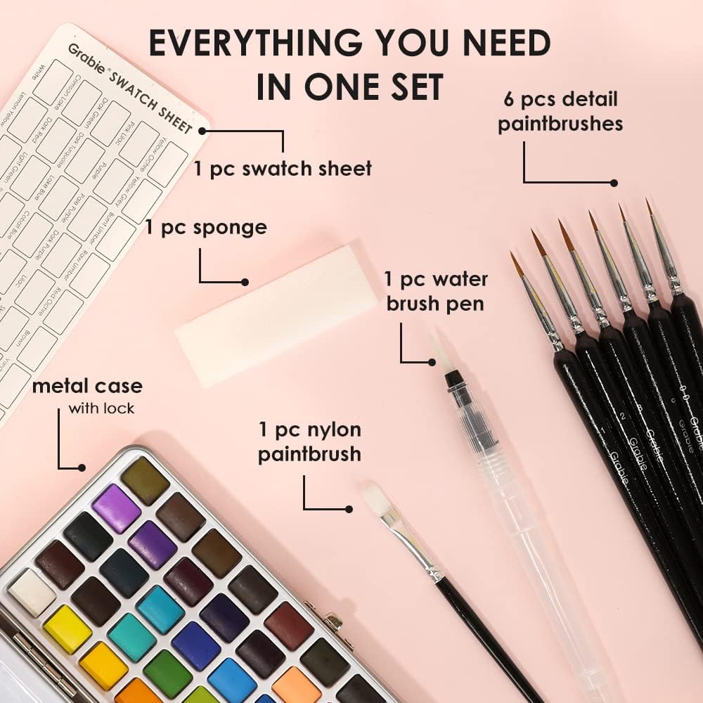 Grabie 50 Colors Watercolor Paint Set, Detail Paint Brush Included, Watercolor Paints, Painting Sets, Art Supplies for Painting, Travel Watercolor Set, Amateur Hobbyists