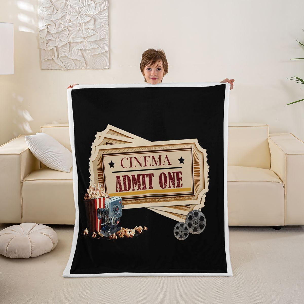 Feelyou Movie Ticket Popcorn Sherpa Throw Blanket for Couch Film Projector Soft Cozy Fleece Vintage Theater Cinema Blanket for Winter, Plush Throw Classic Movie Ticket Pattern Baby 30"x40" All Season