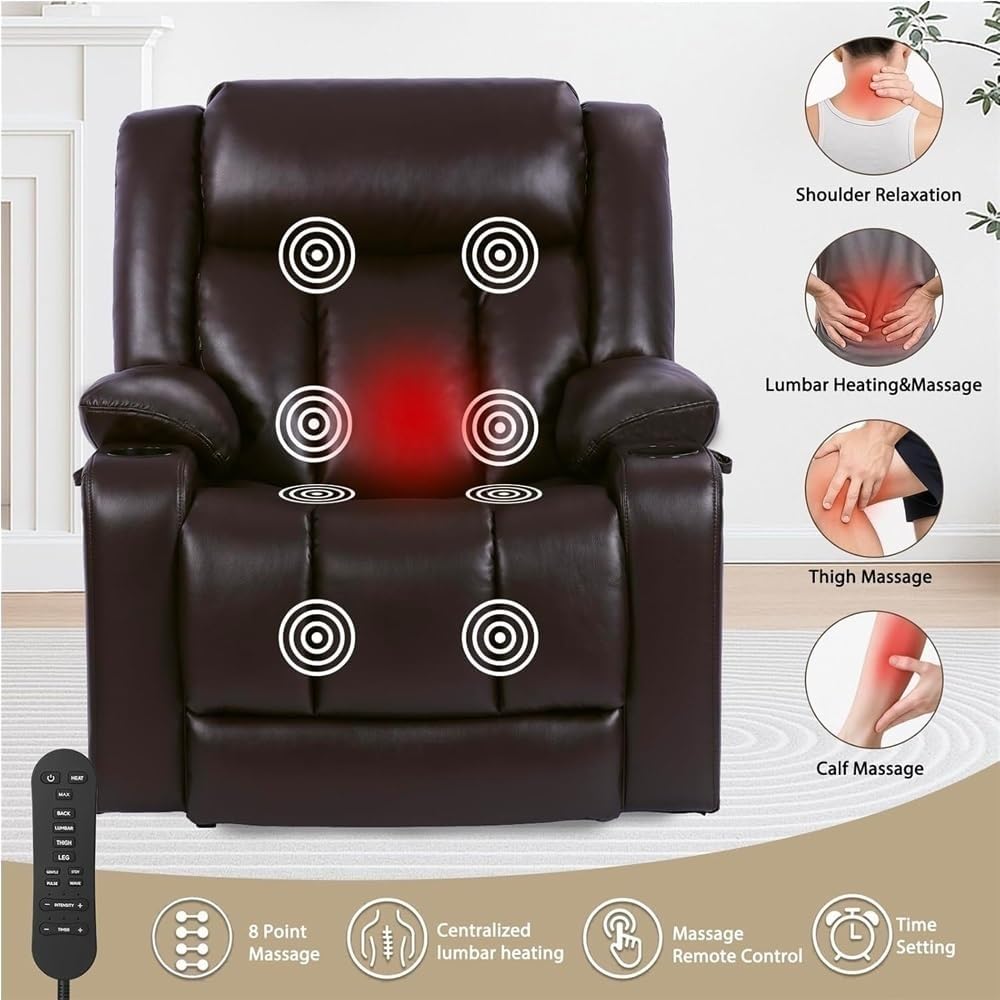 Dual Motor Heavy Duty Oversized Power Lift Recliner Chair for Elderly Leather Recliner with Massage Heat and Lay Flat Adjustable Electric Sofa Cup Holders Lift Chair