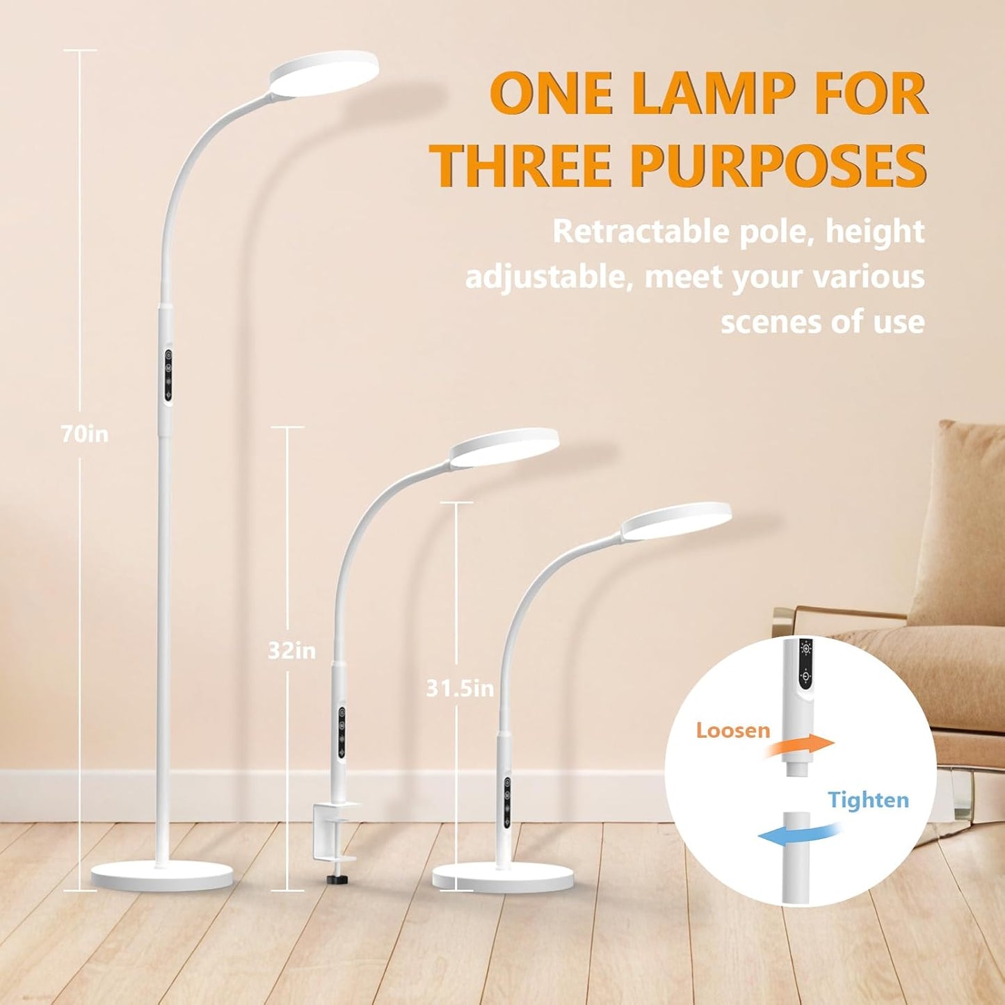 Daylight Floor & Desk Lamp – 11,000 Lux UV-Free Full Spectrum Light, 5 Color Temperatures & 10 Brightness Levels, 360° Adjustable Gooseneck Lamp for Home Office, Bedroom & Reading (White)