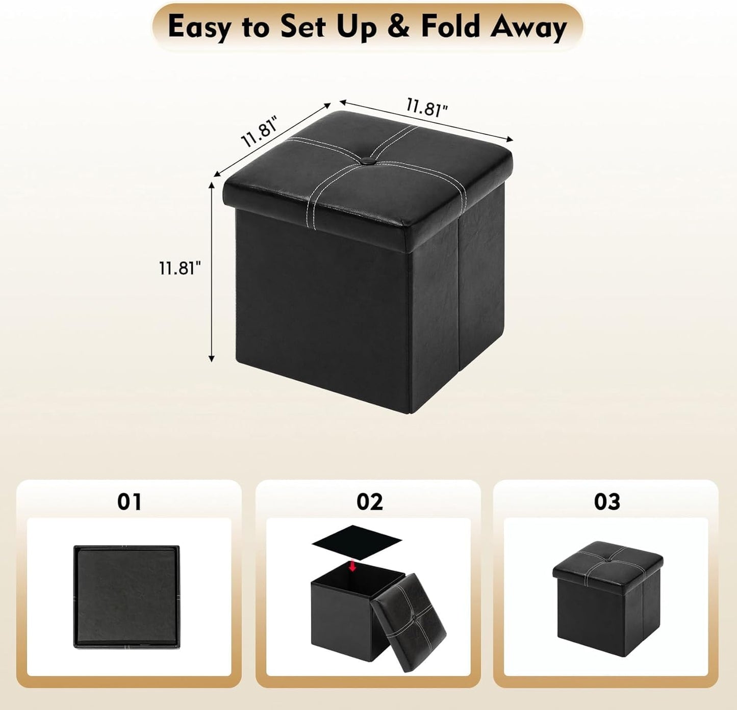 B FSOBEIIALEO Storage Ottoman with Faux Leather Foldable Small Square Foot Rest Coffee Table Black 11.8"X 11.8" X 11.8"