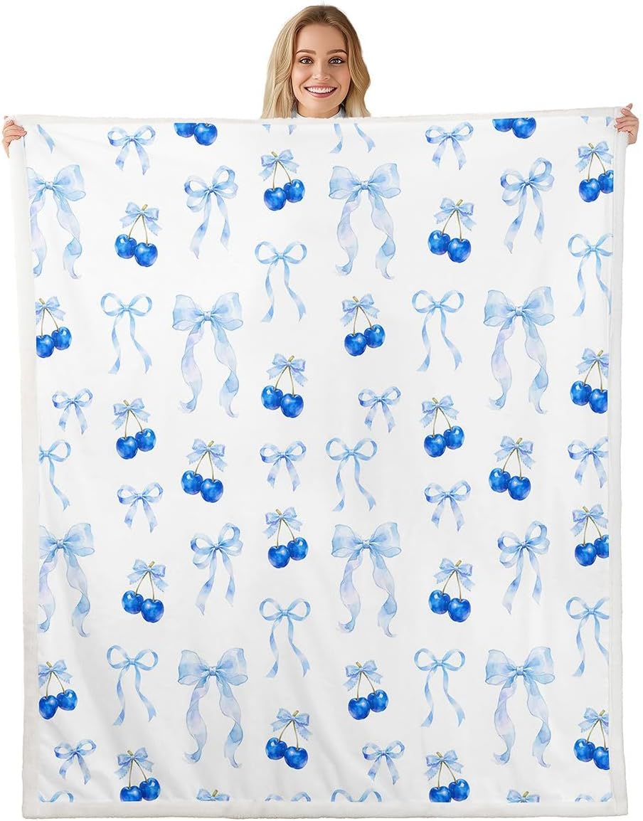 Feelyou Cute Bow Sherpa Throw Blanket for Couch Bowknot Super Soft Cozy Fleece Kawaii Cherry Blanket for Winter, Plush Throw Princess Bowknot Throw 50"x60" Blue All Season