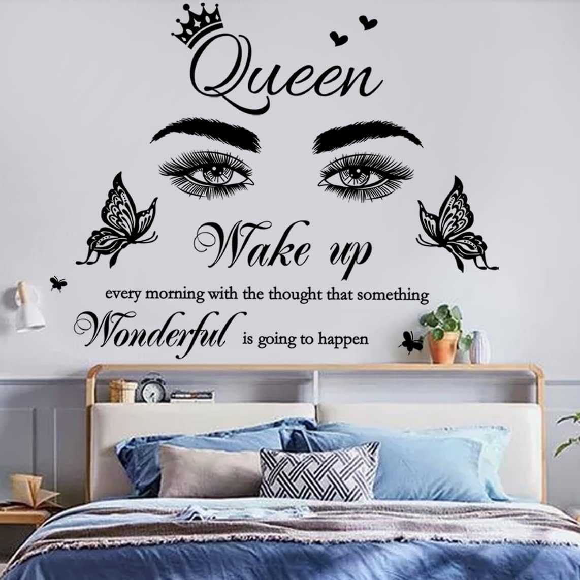 Inspirational Quote Wall Decal Wake up Every Morning with The Thought That Something Wonderful is Going to Happen Vinyl Beauty Eyes Wall Sticker Removable Motivational Art Letters Queen Decals for