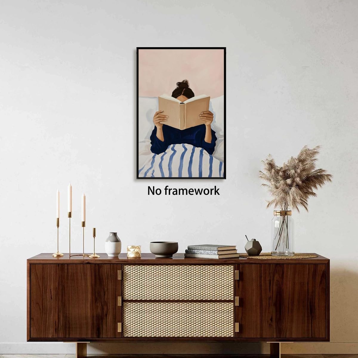 Vintage Woman Reading in Bed Poster Minimalist Book Lover Print Wall Art Reading Nook Library Living Room Girly Bedroom Decor Whimsical Retro Posters for Reader & Teens 16x24inch Unframed