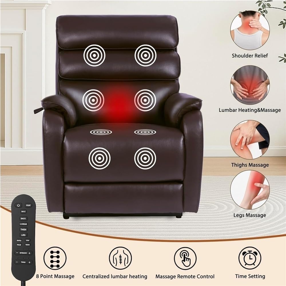 Power Lift Recliner Chair Wide Lay Flat Electric Lift Chair for Elderly Oversized Leather Recliner Sofa with Heat Massage Charging Ports Heavy Duty Power Recliner for Adults