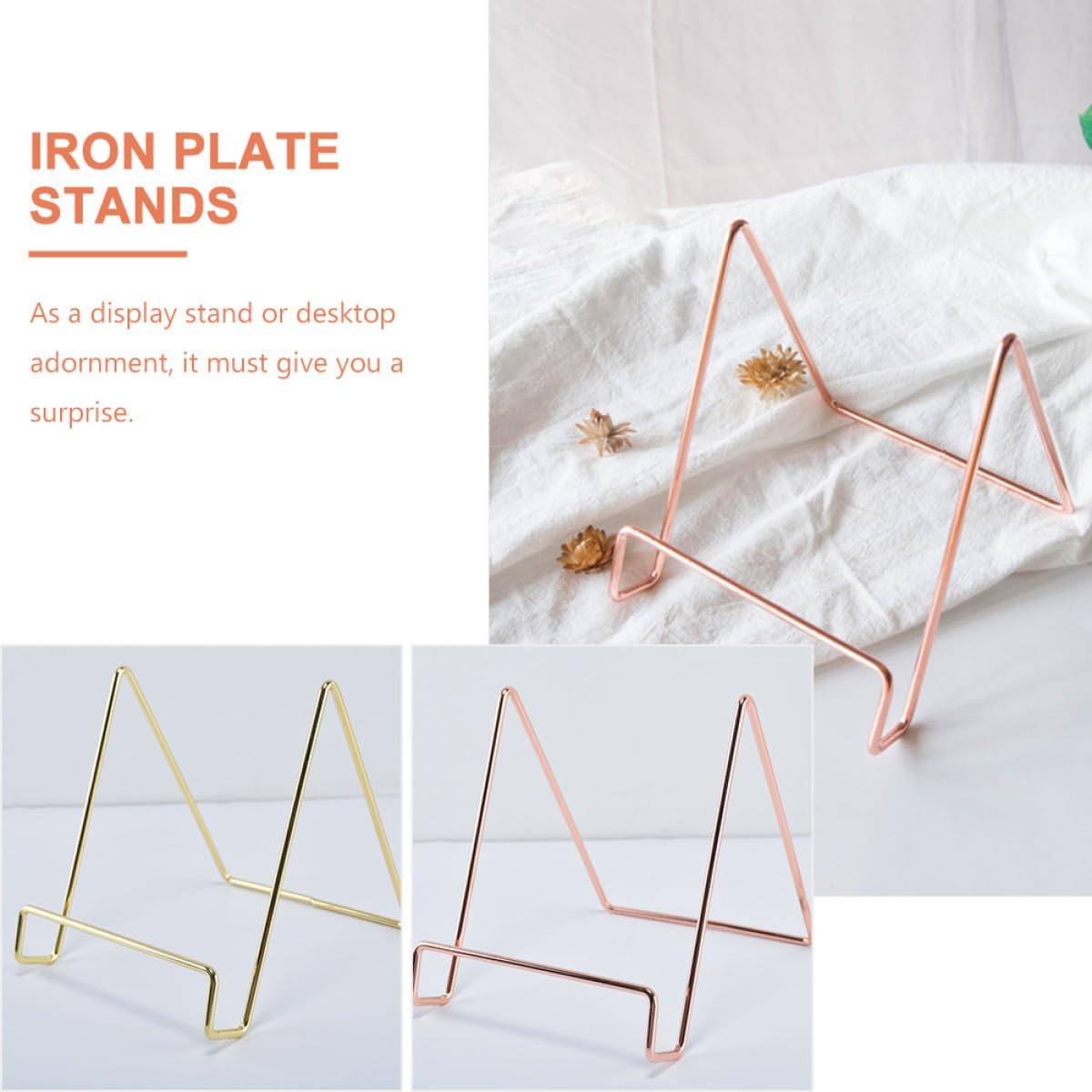 2pcs Iron Photo Frame Display Rack and Phone Holder Set, Desktop Multifunctional Tabletop Ornament Stand for Recipe Plates, Magazine Display, Home Décor in Gold and Rose Gold