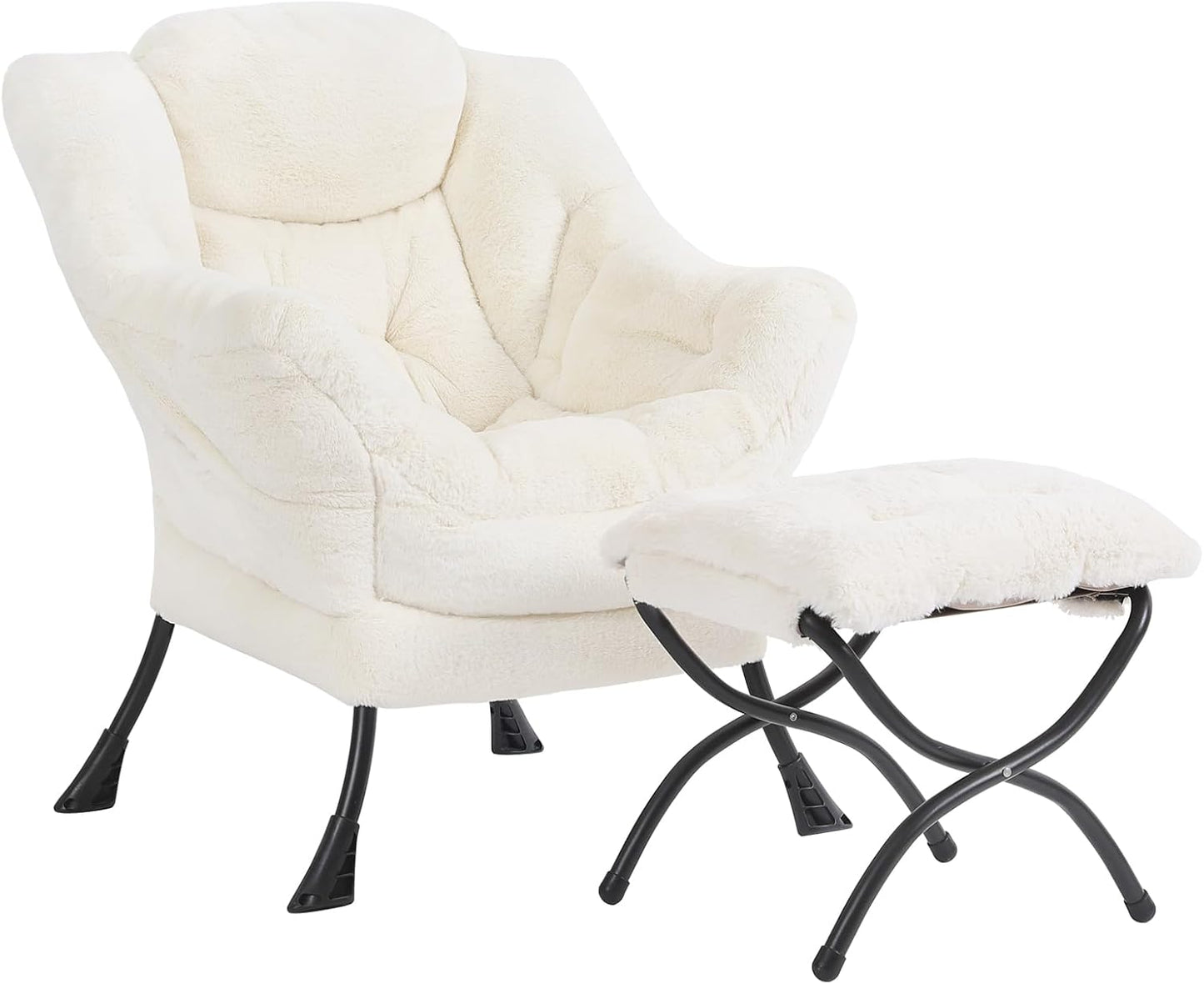 Lazy Chair and Ottoman, Large Plush Beige Contemporary Accent Chair with a Side Pocket, Modern Leisure Upholstered Reading Armchair with Footrest for Office, Bedroom, Living Room, Balcony