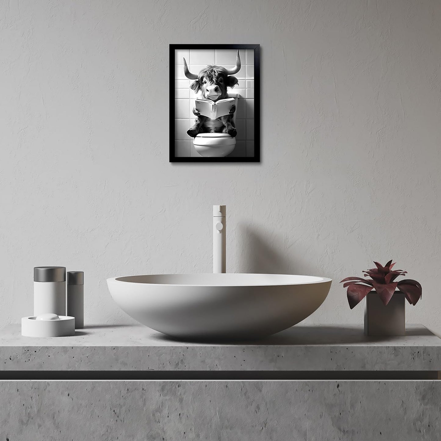 OIQArtOIQ Funny Bathroom Framed Wall Art Black and White Animal Canvas Wall Art Prints Highland Cow Reading Pictures Wall Decor Modern Minimalist Humorous Artwork For Restroom