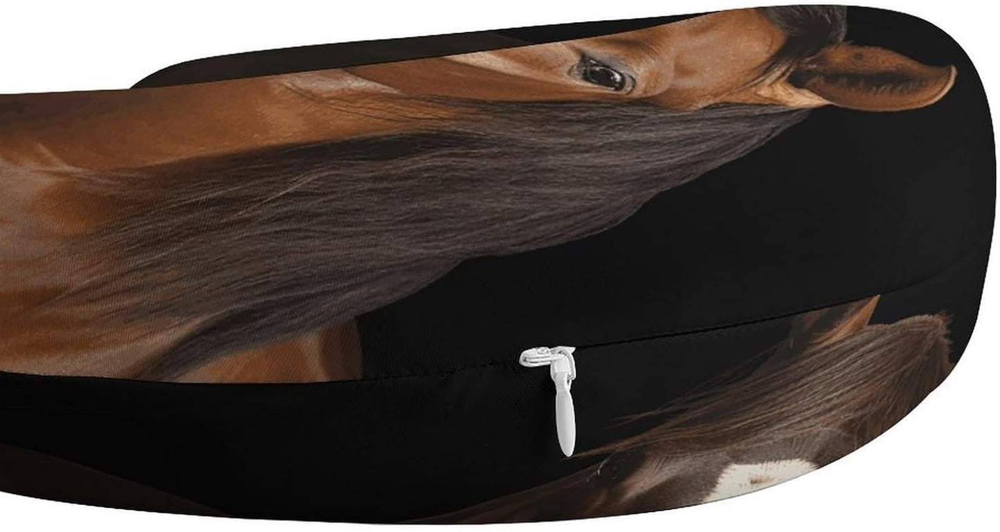 Two Horses Standing on Black Backgro Neck Pillow Memory Foam U Shaped Pillows Portable Pillows for Shoulder Travel Head Support Pillow with Concealed Zipper for Airplane Car Home Office