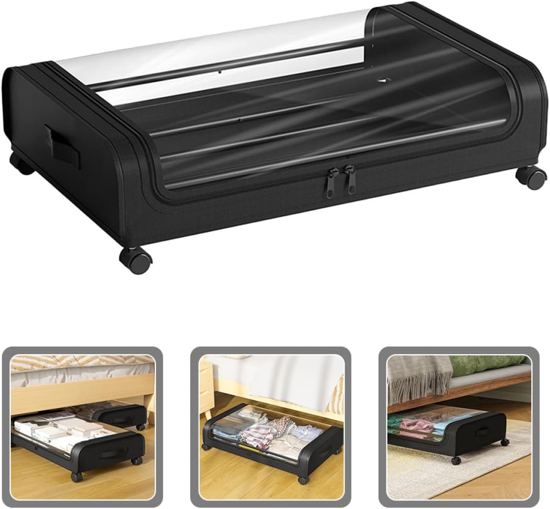 PRETYZOOM Bed Organizer Storage Box with Wheels, Lid, Black Plastic Sturdy Multi-functional Bedroom Storage Cart for Clothes and Books Dustproof