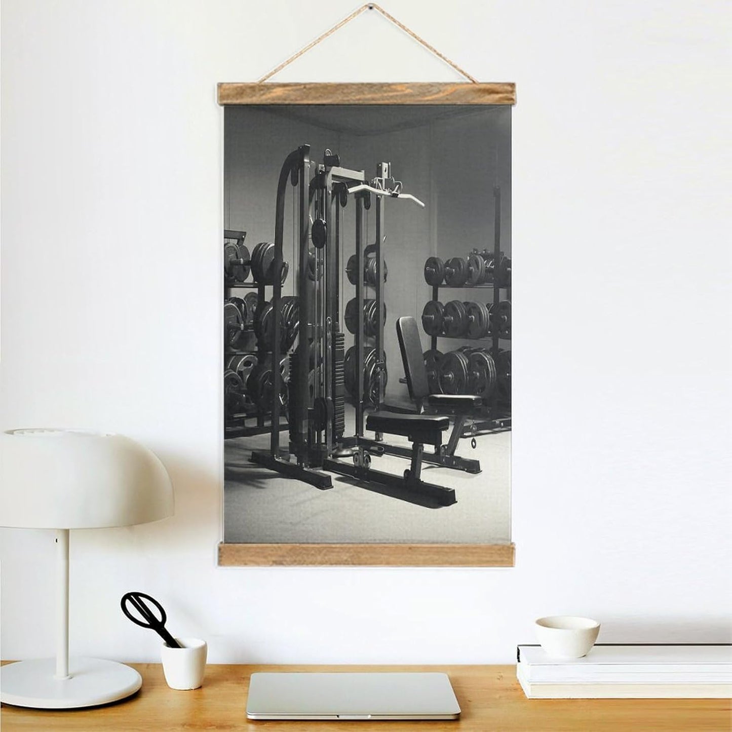 Vintage Gym Equipment Poster with Wooden Frame Personalized Linen Hanging Scroll Painting Rustic Wall Hanging Illustrative Modern Artwork Decor for Home Living Room Bedroom Office
