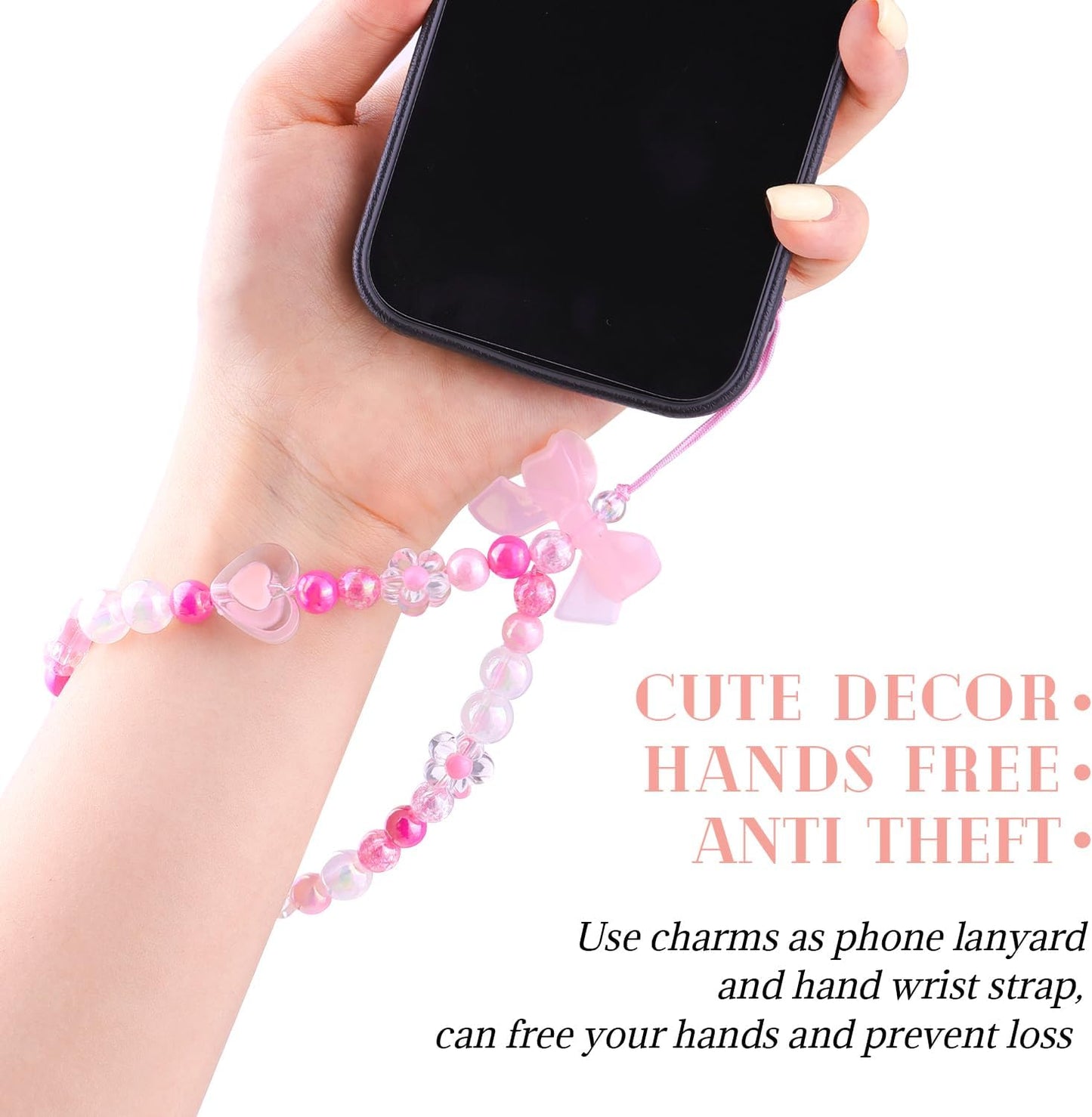 4 PCS Cute Phone Charms Aesthetic Y2K Cellphone Wrist Strap Bedazzling Bear Bow Butterfly Heart Star Flower Accessories Pink Beaded Anti-Theft Chain String for Bag Keychain Airpods Decor