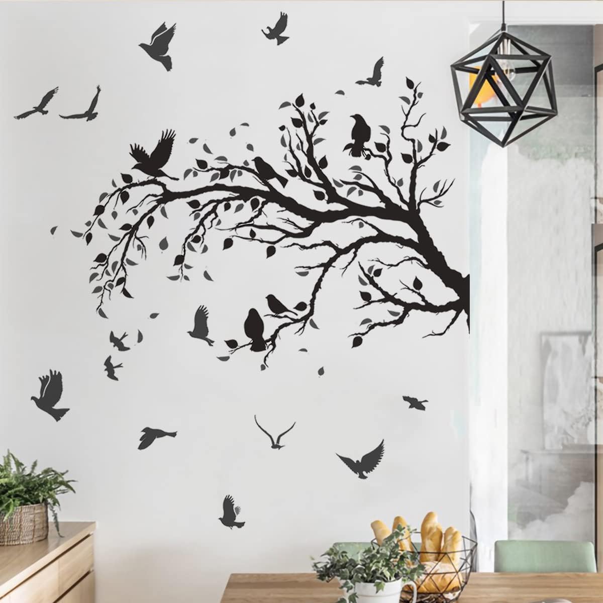 Black Tree Branch Flying Birds Wall Decal 50" × 30" DIY Birds Leaves Wall Stickers Peel & Stick Removable Vinyl Art Decals for Living Room Bedroom TV Background Wall Decor