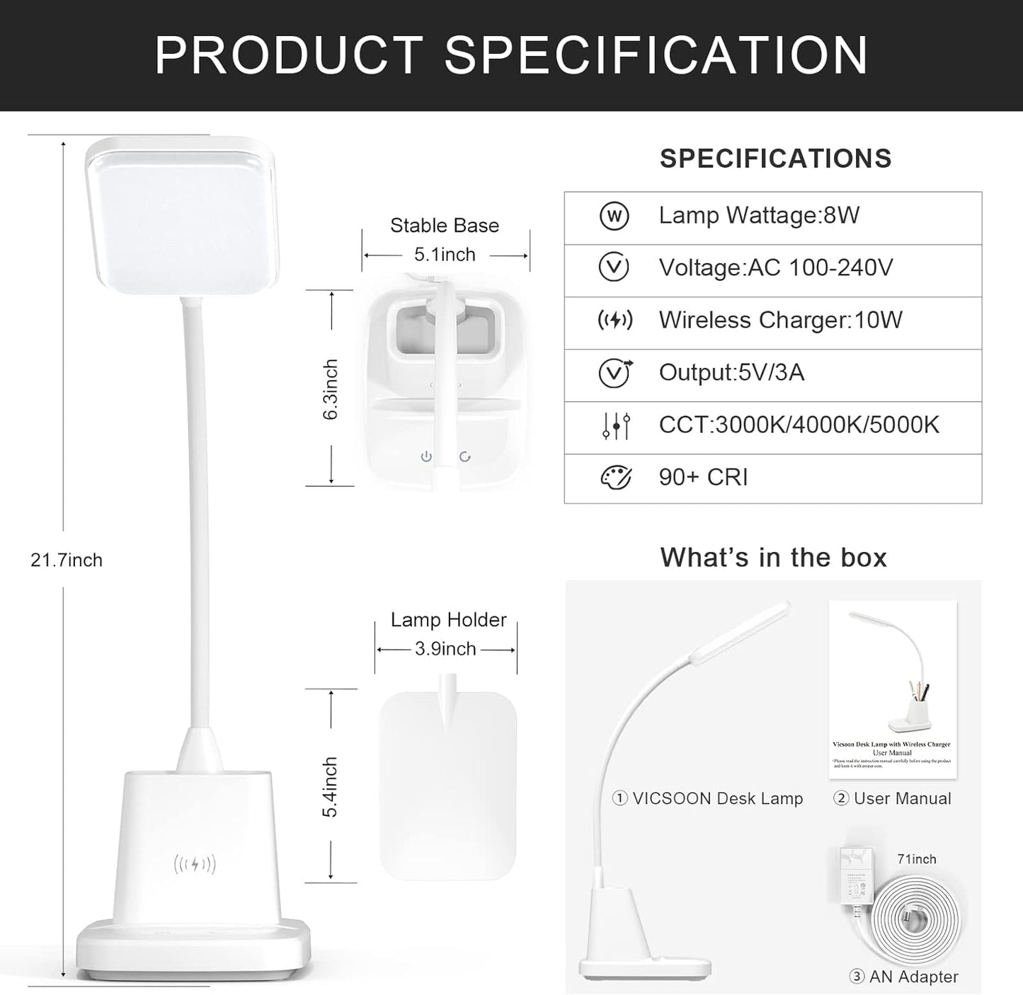 무선 충전기가 있는 책상 램프 - 홈 오피스용 LED 책상 램프, 펜 홀더 포함, 800LM, 3가지 색상 모드, 유연한 암, 가정 대학 기숙사 방용 눈 관리 화이트 테이블 램프