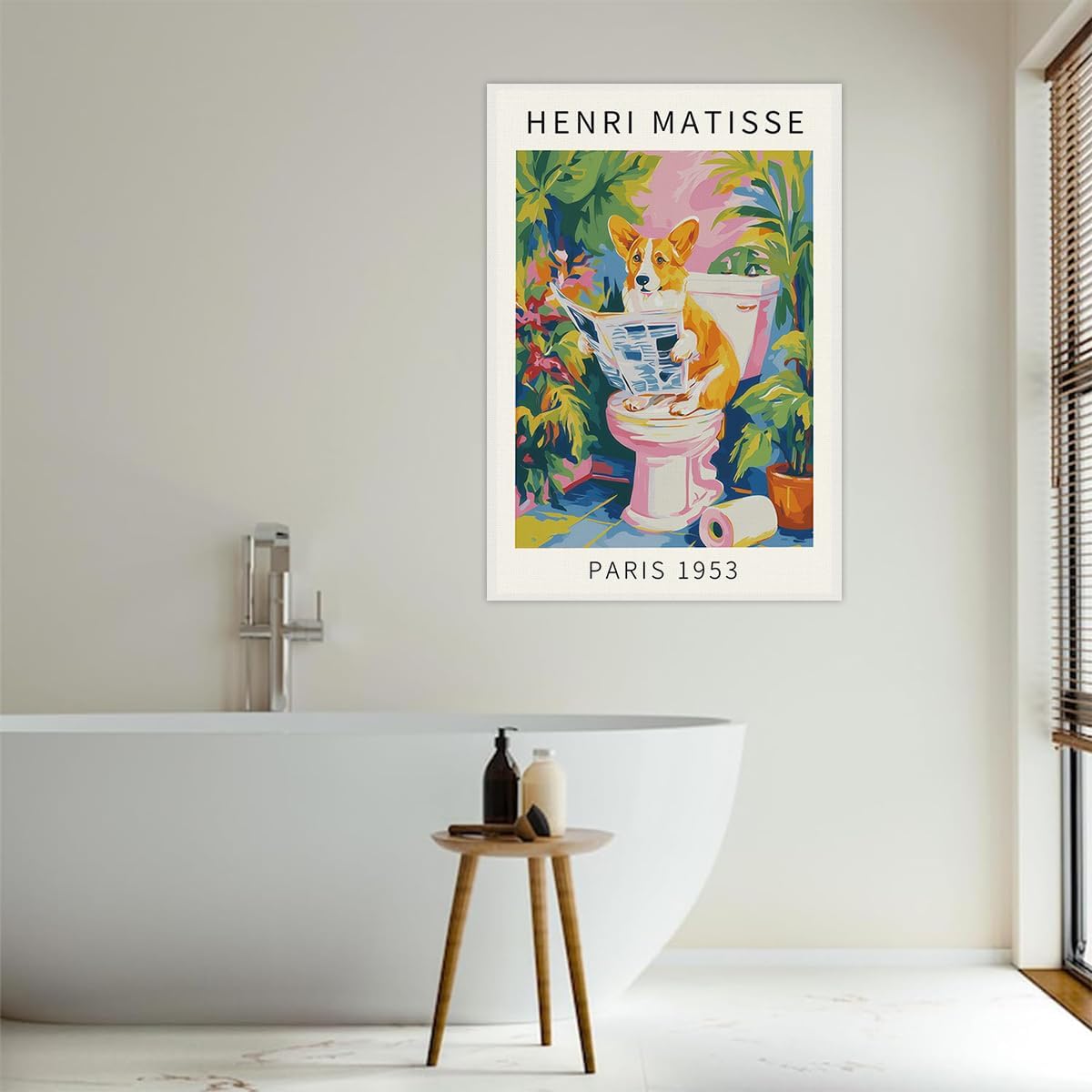 SKINGE Funny Bathroom Wall Art Henri Matisse Room Aesthetics Retro Pink Decor Corgi Reading Newspaper Canvas Painting Print Artworks Animal Bathroom Art Aesthetics Pictures 16x24 inch Unframed