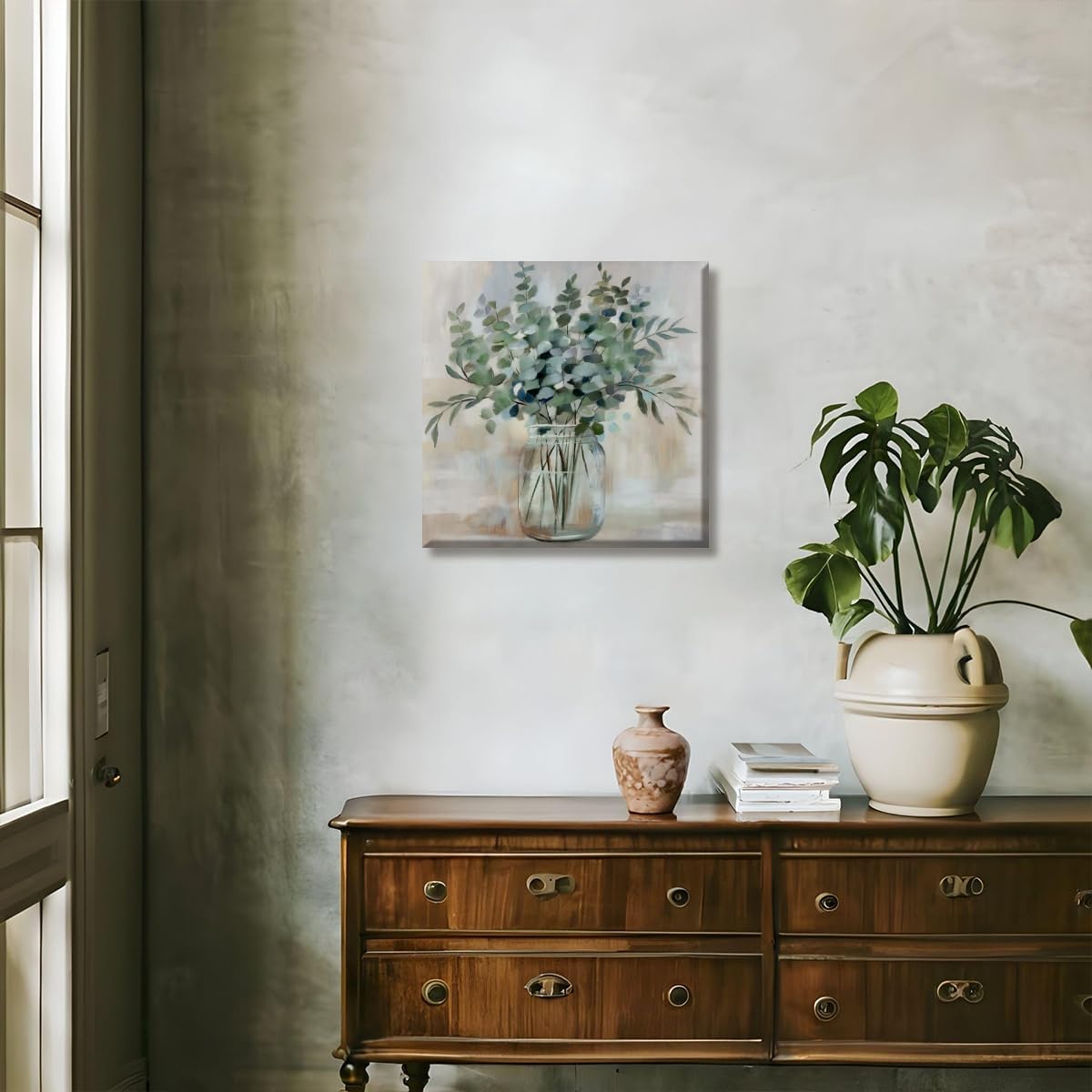 Soothing Eucalyptus Flower Wall Art Herb Floral Arrangements Painting Canvas Print Abstract Neutral Plant Vase Botanical Poster Decor for Kitchen Bedroom Living Room Bathroom 12x12inch Unframed