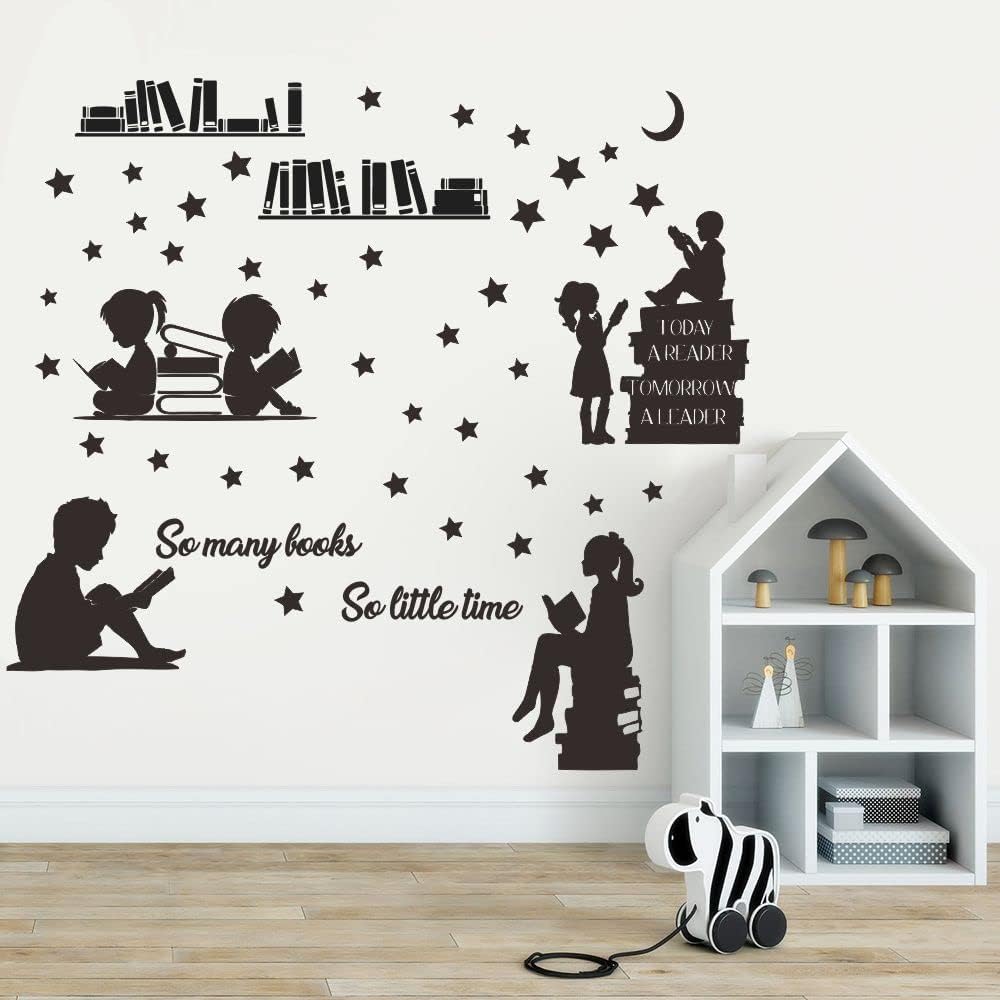 Kids Reading Wall Decal - Today a Reader Tomorrow a Leader Inspirational Quote Sticker - Removable PVC Vinyl for Playroom, Bedroom, Home Library - 31"x34" JWH202 (Black)