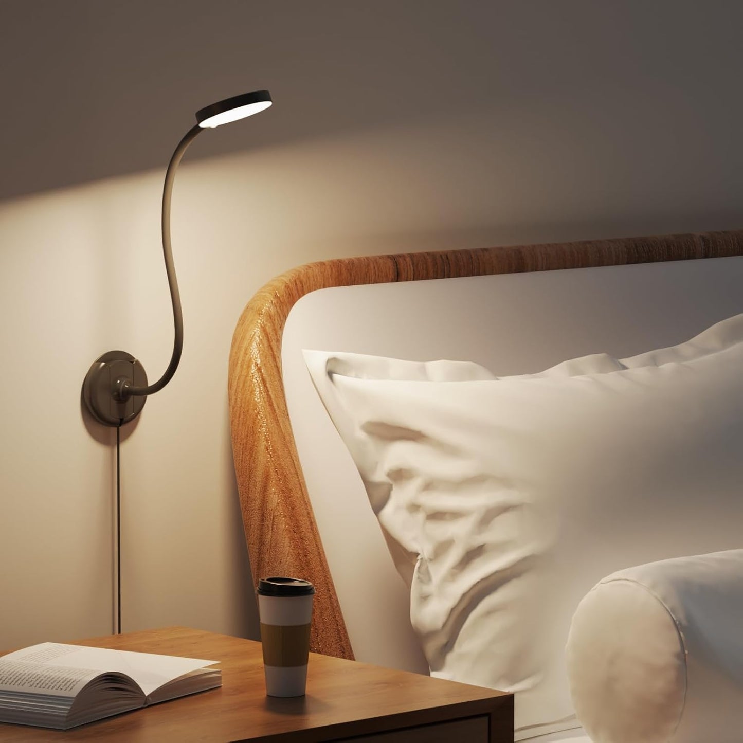 ENUOTEK LED Wall Mounted Reading Light with Gooseneck for Books in Bed, USB Operated Black LED Bedroom Wall Lamp, 100%-70%-35%-15% Dimmable and 5000K- 4000K- 3000K Adjustable Lighting Colors