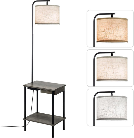 Floor Lamp with Table & Drawers, End Table Lamp with USB Charging Portt Power Outlet and Shelves, Side Table Reading Light with 3 Color Temperature Led Bulb Included for Living Room, Gray