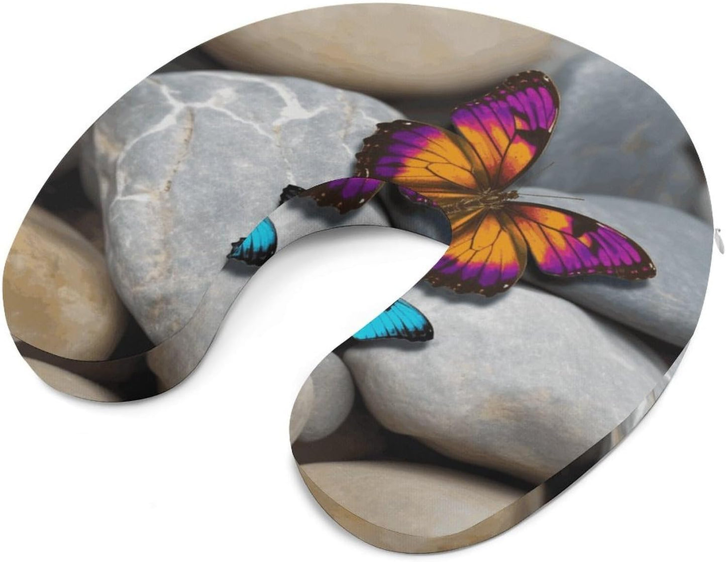 Colorful Butterfly Stone Neck Pillow Memory Foam U Shaped Pillows Portable Pillows for Shoulder Travel Head Support Pillow with Concealed Zipper for Airplane Car Home Office