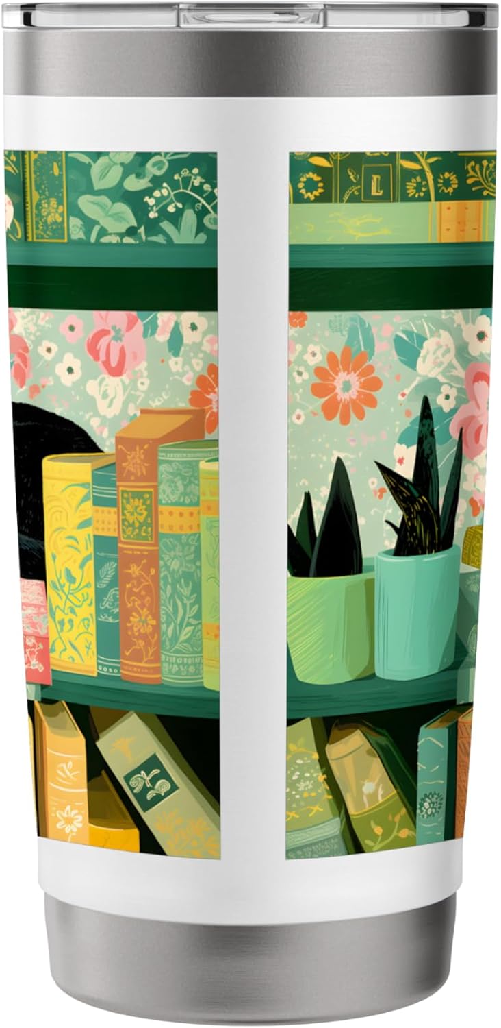 Lounging Cat on Vintage Bookshelf with Plant and Florals Stainless Steel Insulated Tumbler