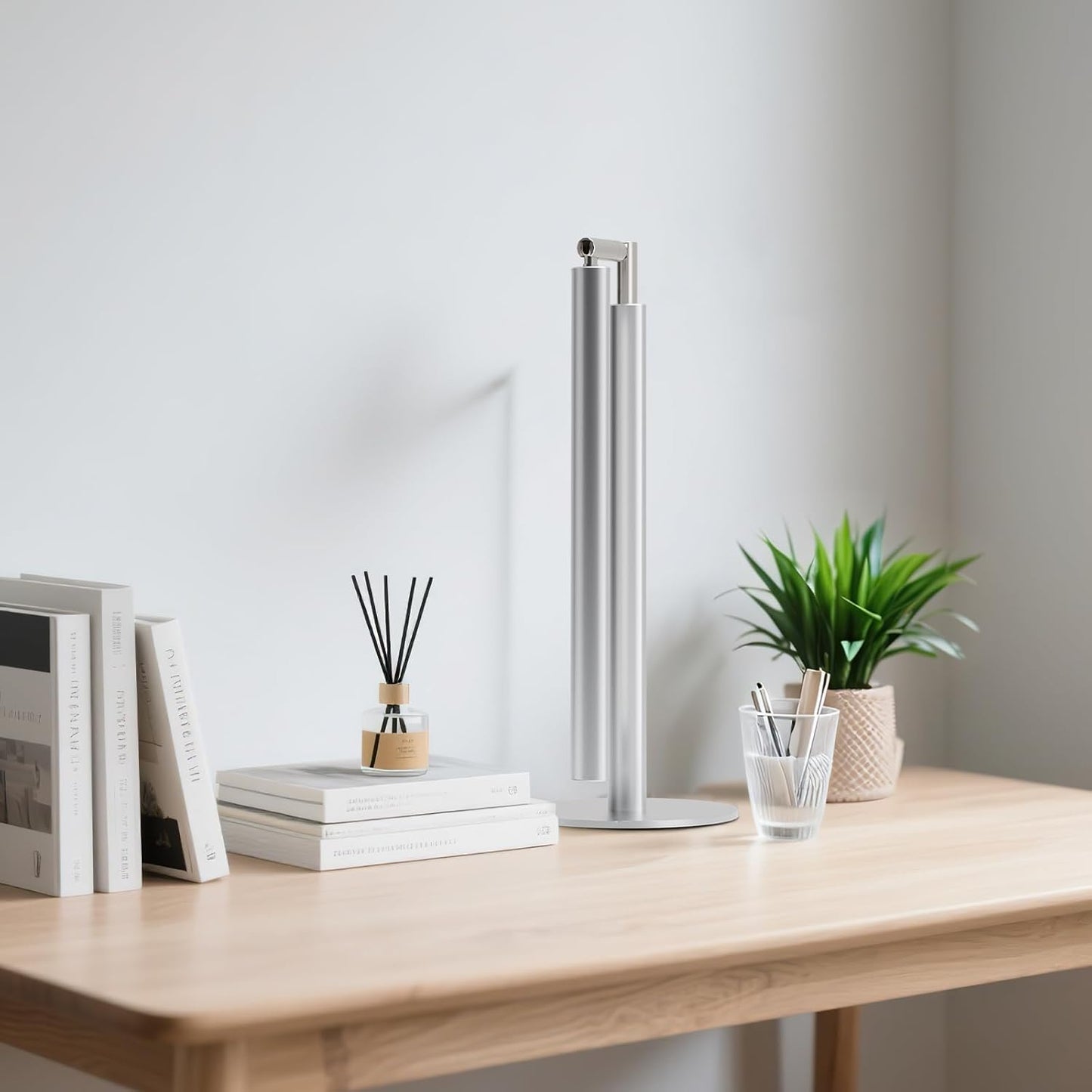 Silver LED Desk Lamp, 16" Dimmable Metal Desk Light with Base, 15W 1200LM, Adapter Included, Color & Brightness Adjustable, Modern Tall Table Lamp for Home Office Reading Study Task Laptop