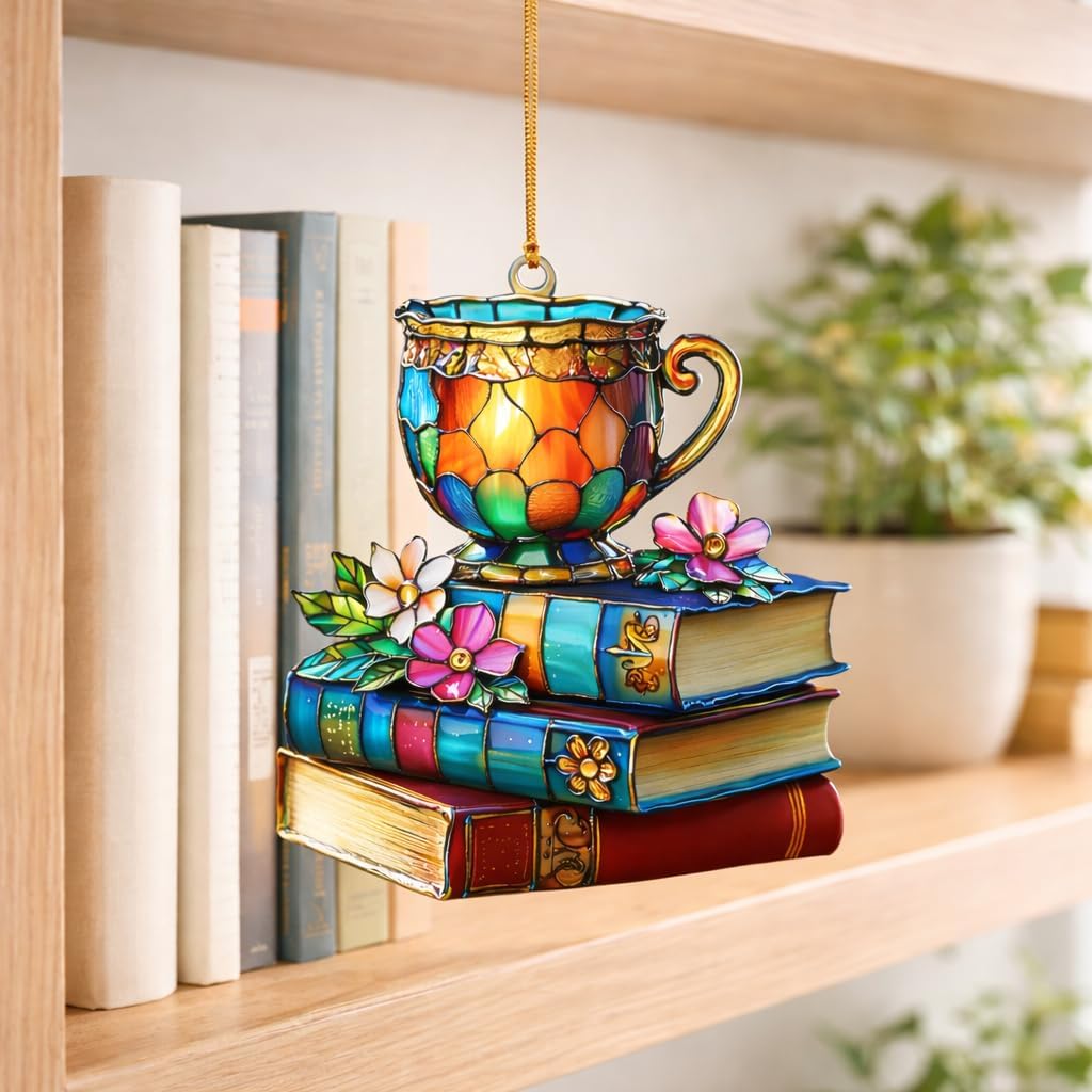 Book Lovers Gifts for Women -Tea Books Ornament, Floral Book Ornament, Gift for Readers Friends Coworker, Hanging Literary Decor, Reader, Bookworm, Book Ornament Faux Stained Glass Window Hanging.