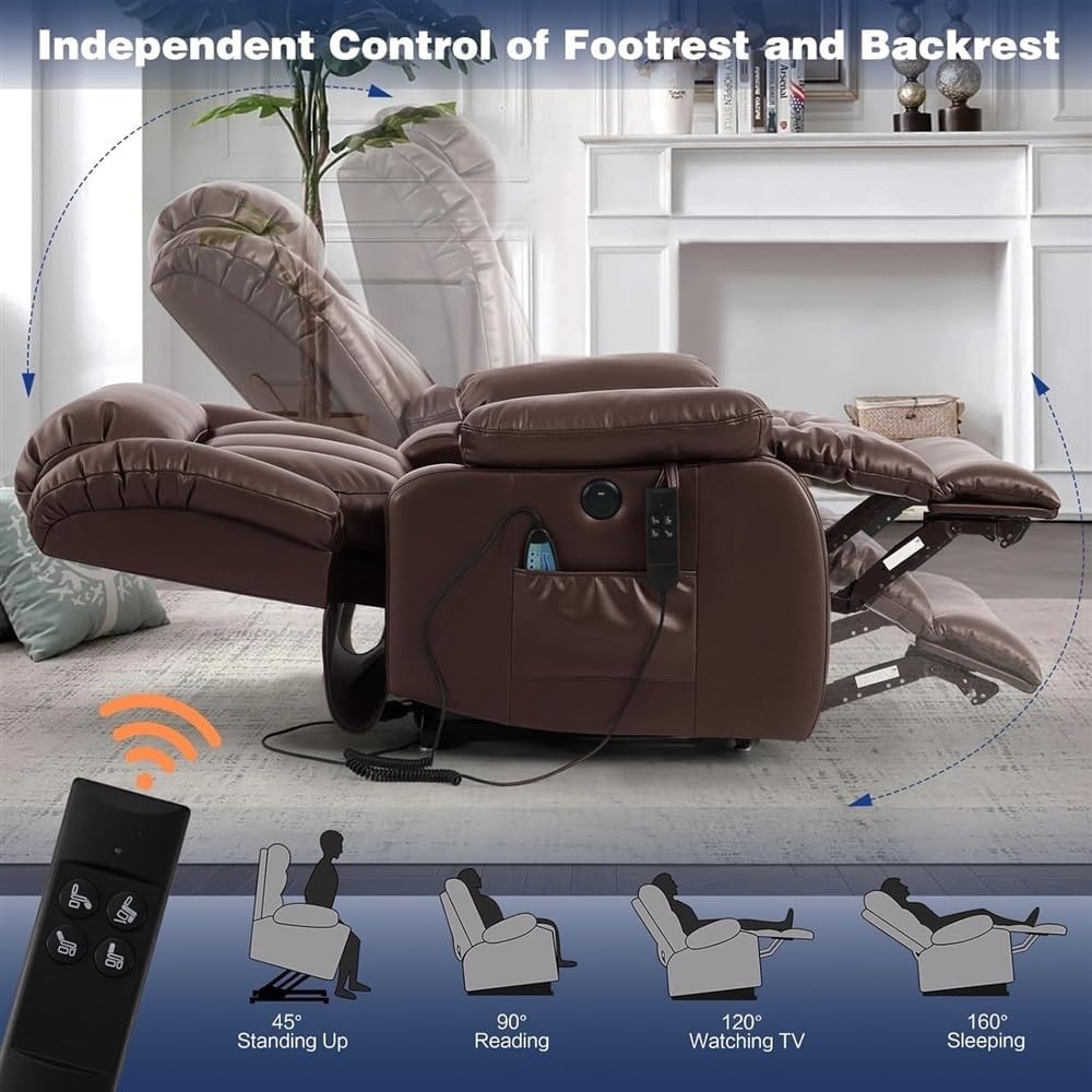 Large Power Lift Recliner Chair with Massage & Heat for Elderly, Heavy Duty Electric Recliner with USB Ports, Remote Control & Motor, Leather Upholstery for Living Room