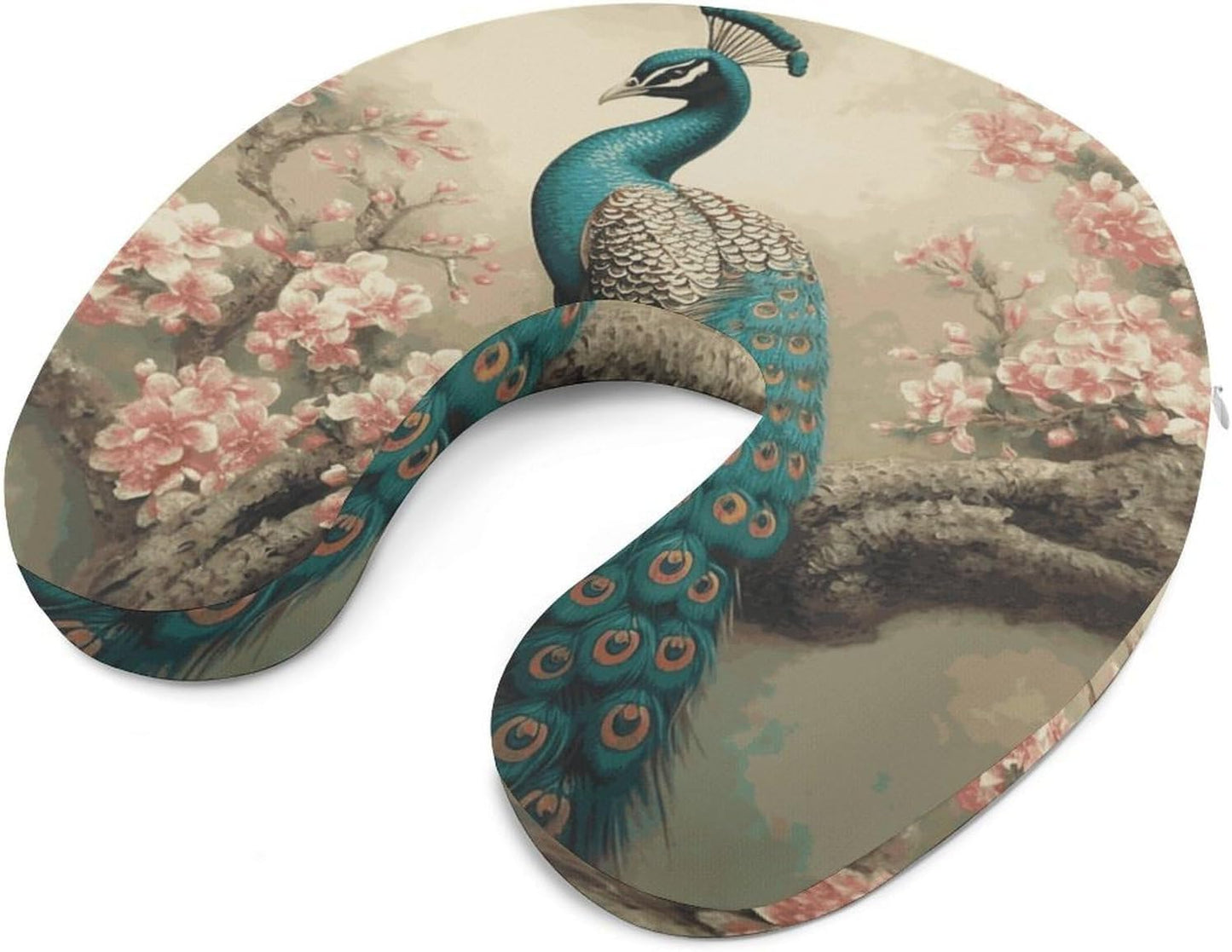 Oriental Peacock on Flower Tree Neck Pillow Memory Foam U Shaped Pillows Portable Pillows for Shoulder Travel Head Support Pillow with Concealed Zipper for Airplane Car Home Office