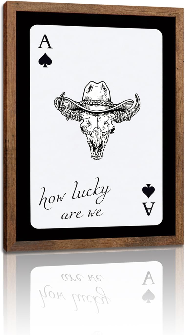 Western Cowboy Canvas Wall Art,Vintage Cow Skull and Cowboy hat Playing Card Inspired Posters Prints Wall Decor and How Lucky are We Aesthetic for Living Room Bedroom Office Home Decor 12x16in Framed