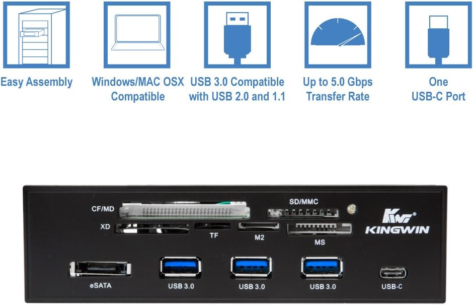 Kingwin Powered USB Hub 3.0 w/ 1 USB-C Port, SD Card Reader & Micro SD Card Reader - Sata Power Port w/Lightning Speed Data Transfer Up to 5Gbps - 5.25" Computer Case Front Bay, black (KW525-3U3CR)