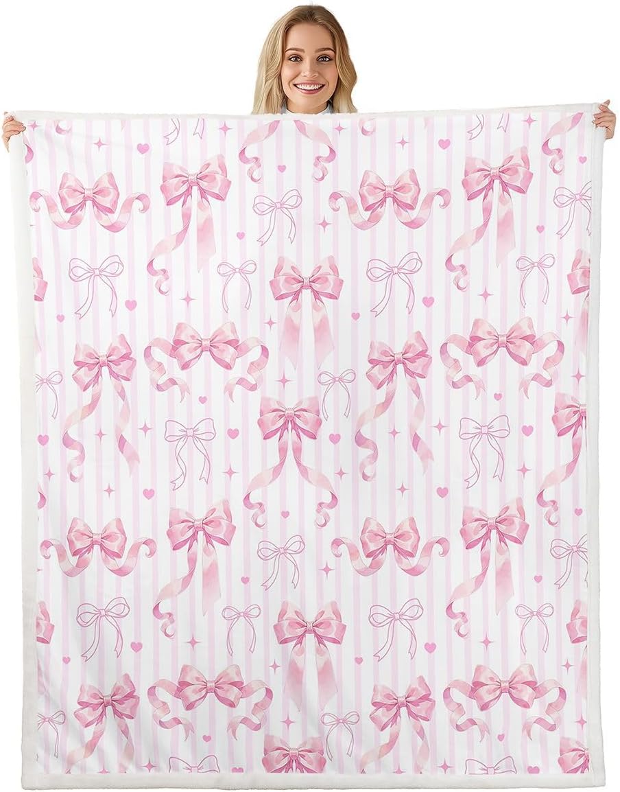 Feelyou Pink Bow Sherpa Throw Blanket for Couch Cute Ribbon Bowknot Super Soft Cozy Fleece Coquette Blanket for Winter, Plush Throw Aesthetic Baby 30"x40" Stripe Heart Pattern All Season