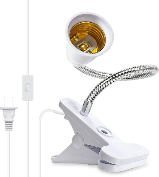 Flexible Aluminum Neck Clip Lamp Holder, 360Adjustable Socket, E26/E27 Clamp Light Fixture with 220 CM Switch and Plug Cable, Desk Lamp Holder for Study Work Read, No Bulb