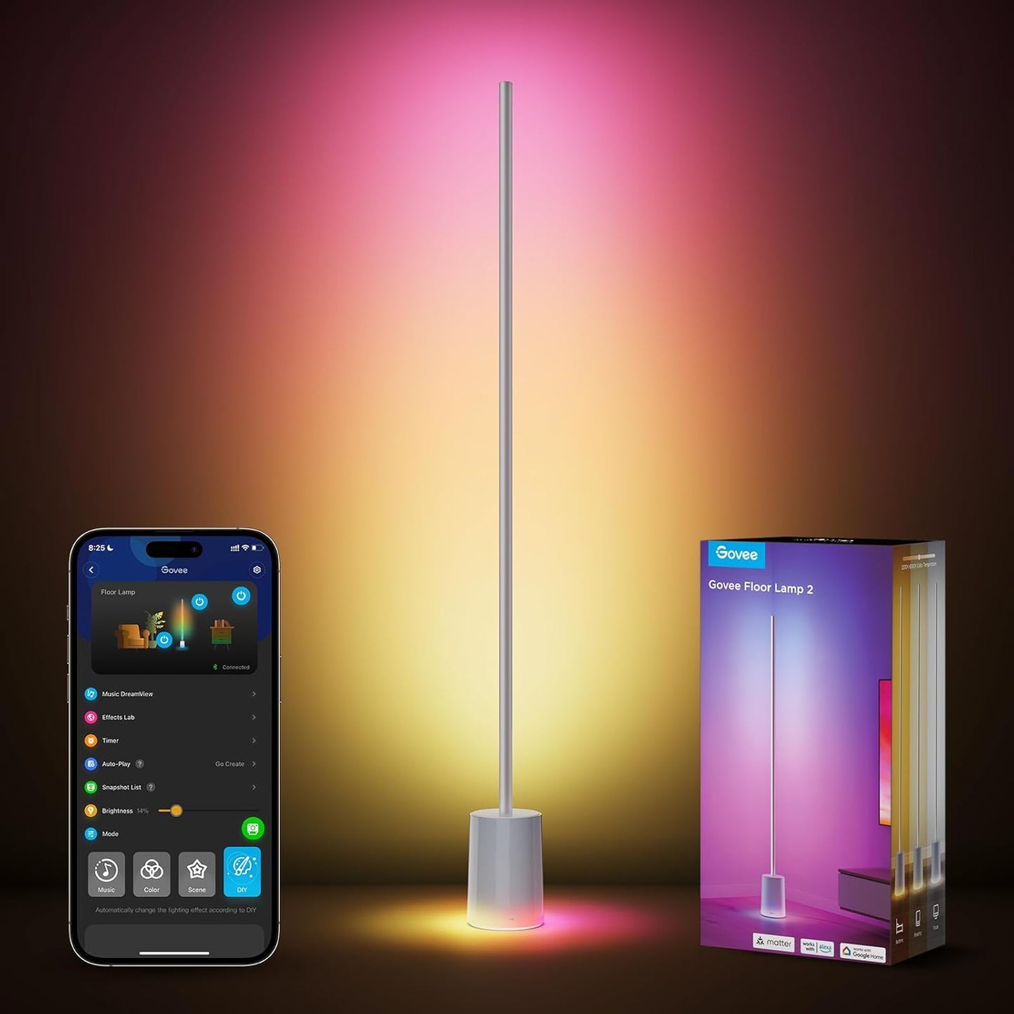 Govee Floor Lamp 2, RGBIC, Warm Cool White LED,Compatible with SmartThings, Matter, Alexa, 1725lm, Music Sync, Scene Modes, Smart Floor Lamp for Living Room, Bedroom, Silver(1 Pack)