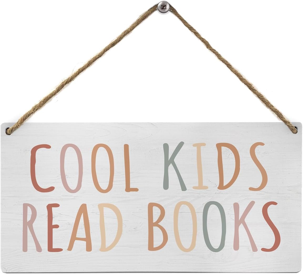 Mtrgdn Cool Kids Read Books Wood Wall Hanging Tags,Inspirational Read Quote Sign Wall Decor,Classroom Wall Hanging Sign for Kids,Read Corner Nursery School Playroom Decor,12x6Inch